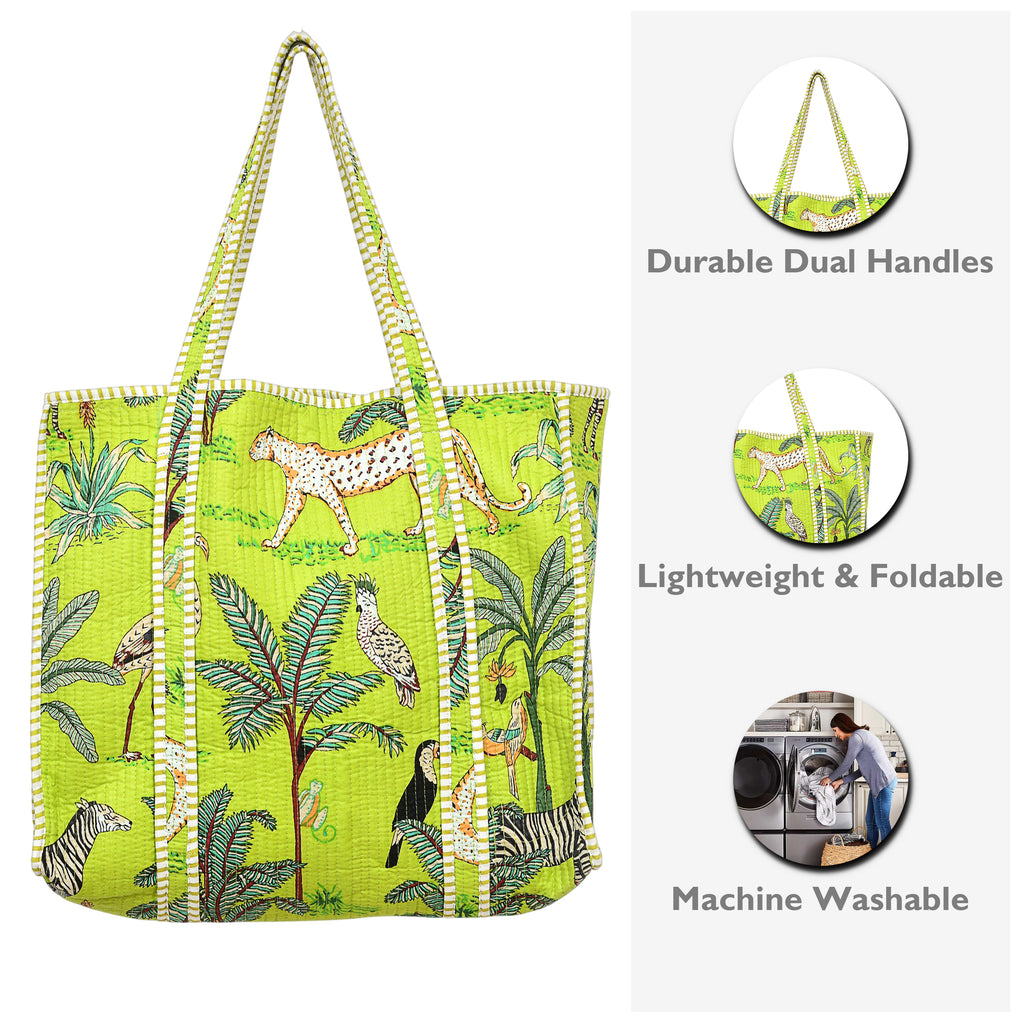 Quilted Cotton Tote Bag – Handmade Travel Shoulder Bag with Zipper & Pockets – Lightweight, Durable & Stylish for Daily Use (Parrot Green Jungle)