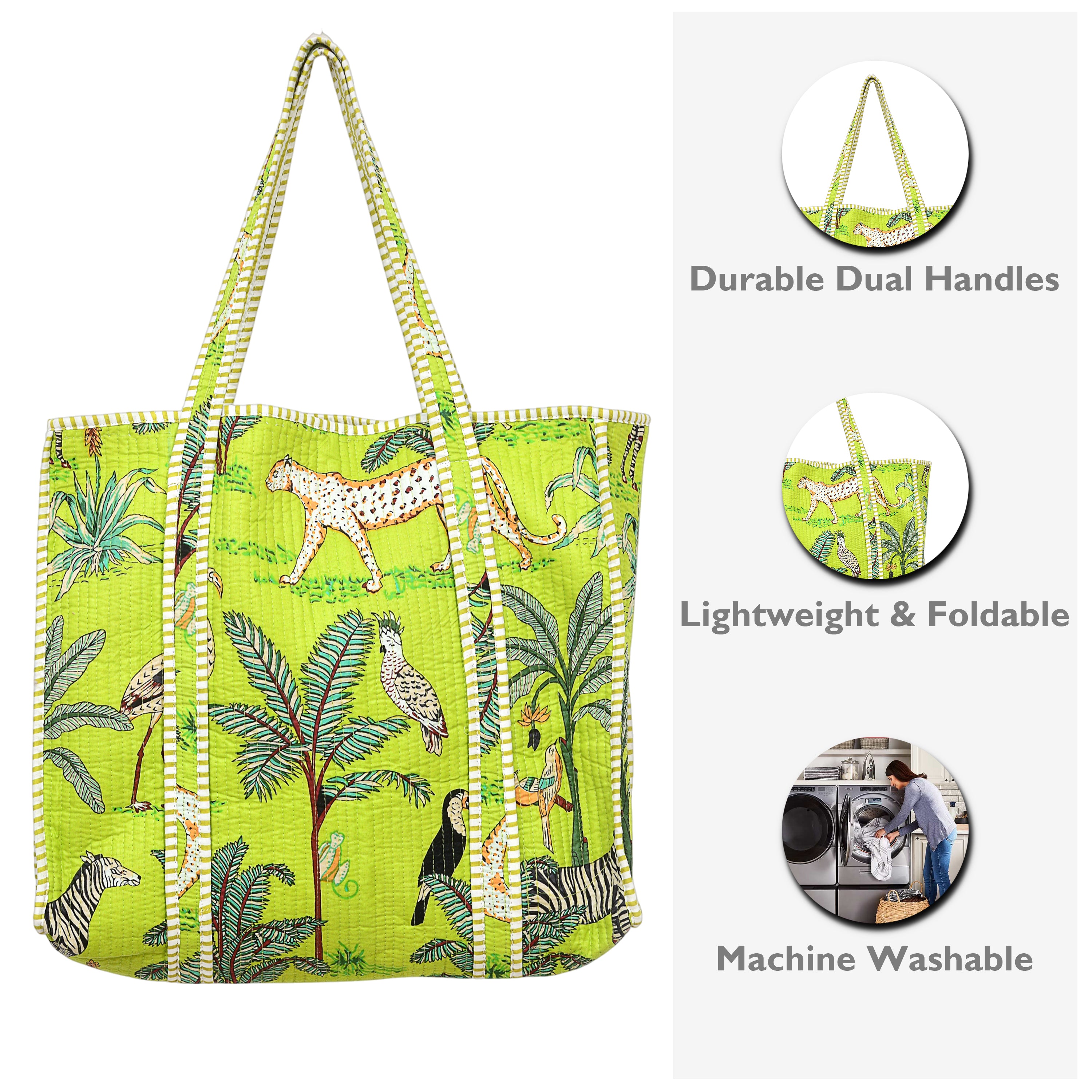 Quilted Cotton Tote Bag – Handmade Travel Shoulder Bag with Zipper & Pockets – Lightweight, Durable & Stylish for Daily Use (Parrot Green Jungle)