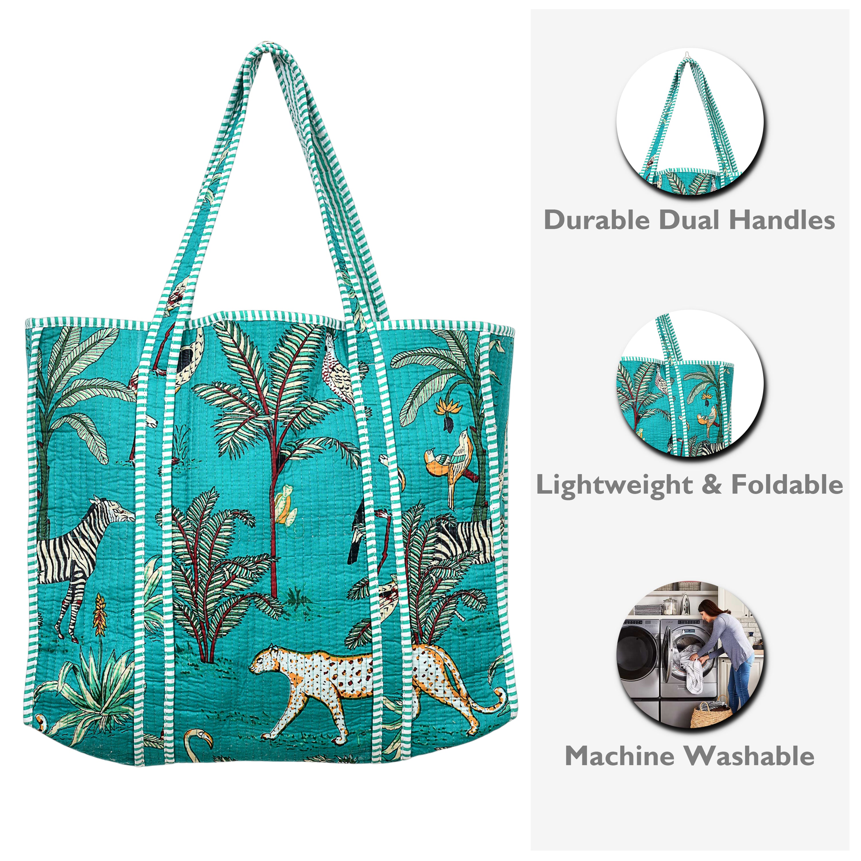 Quilted Cotton Tote Bag – Handmade Travel Shoulder Bag with Zipper & Pockets – Lightweight, Durable & Stylish for Daily Use (Turquoise Jungle)