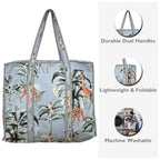 Quilted Cotton Tote Bag – Handmade Travel Shoulder Bag with Zipper & Pockets – Lightweight, Durable & Stylish for Daily Use (Grey Floral)