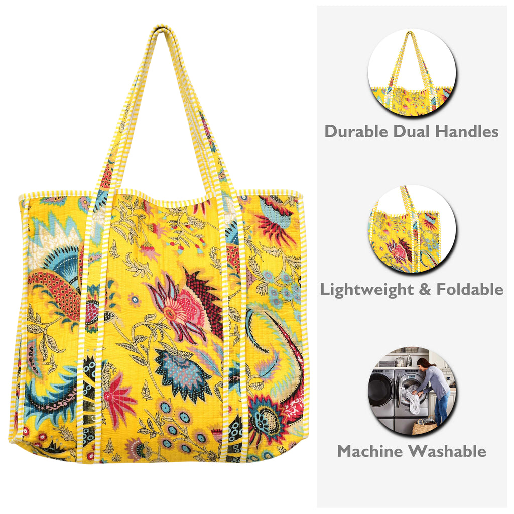 Quilted Cotton Tote Bag – Handmade Travel Shoulder Bag with Zipper & Pockets – Lightweight, Durable & Stylish for Daily Use (Yellow Floral)