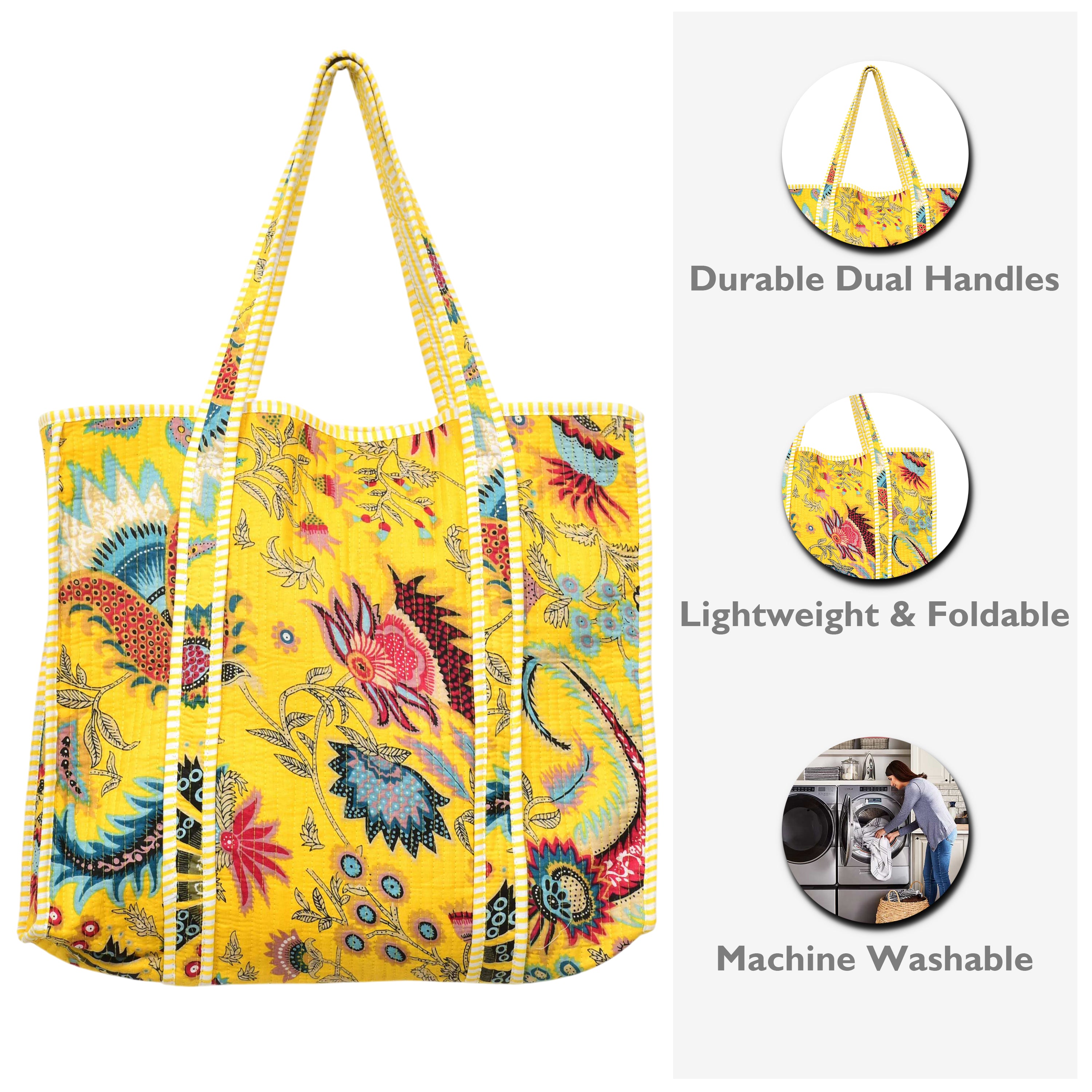 Quilted Cotton Tote Bag – Handmade Travel Shoulder Bag with Zipper & Pockets – Lightweight, Durable & Stylish for Daily Use (Yellow Floral)