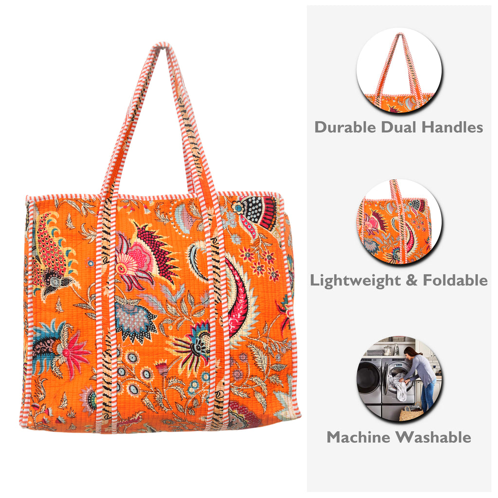 Quilted Cotton Tote Bag – Handmade Travel Shoulder Bag with Zipper & Pockets – Lightweight, Durable & Stylish for Daily Use (Orange Floral)