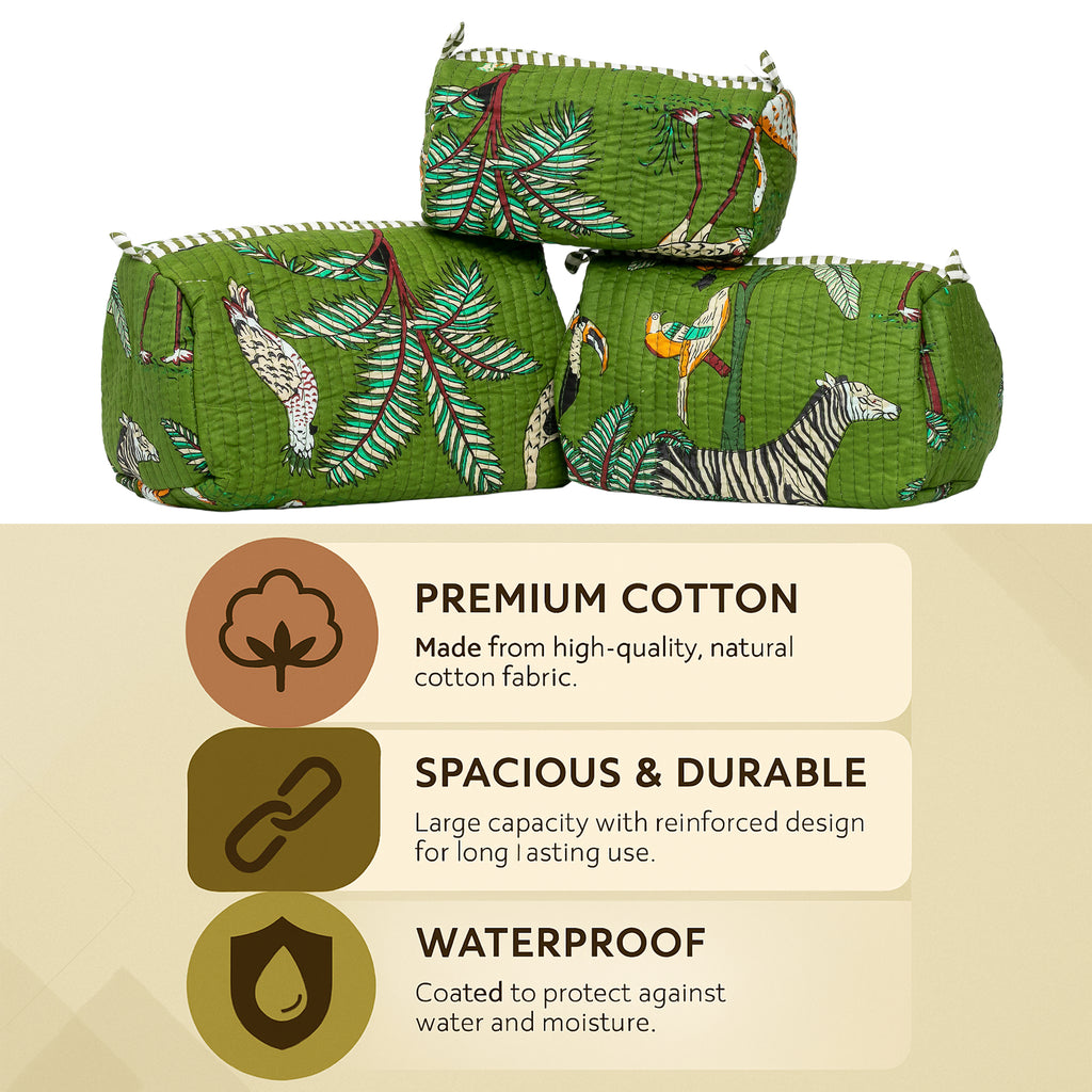 Premium Quilted Tote Bag with Matching Pouches Combo Set – Durable, Lightweight, Multipurpose Bag for Travel, Office & Daily Essentials (Green Jungle)