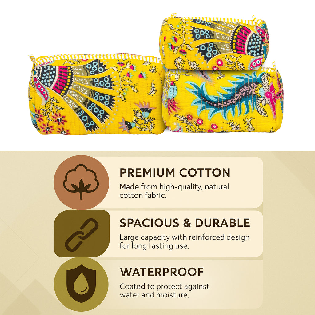 Premium Quilted Tote Bag with Matching Pouches Combo Set – Durable, Lightweight, Multipurpose Bag for Travel, Office & Daily Essentials (Yellow Floral)
