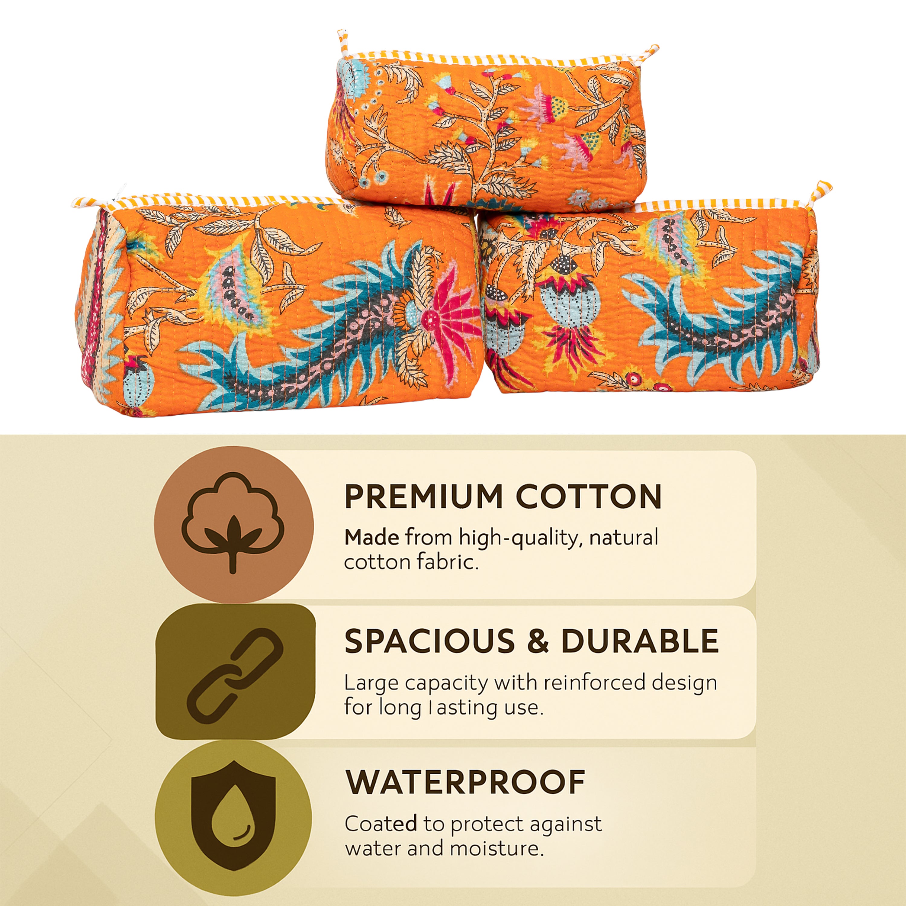 Premium Quilted Tote Bag with Matching Pouches Combo Set – Durable, Lightweight, Multipurpose Bag for Travel, Office & Daily Essentials (Orange Floral)