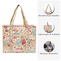 Beige Floral Quilted Cotton Tote Bag (18x18) thumbnail 4