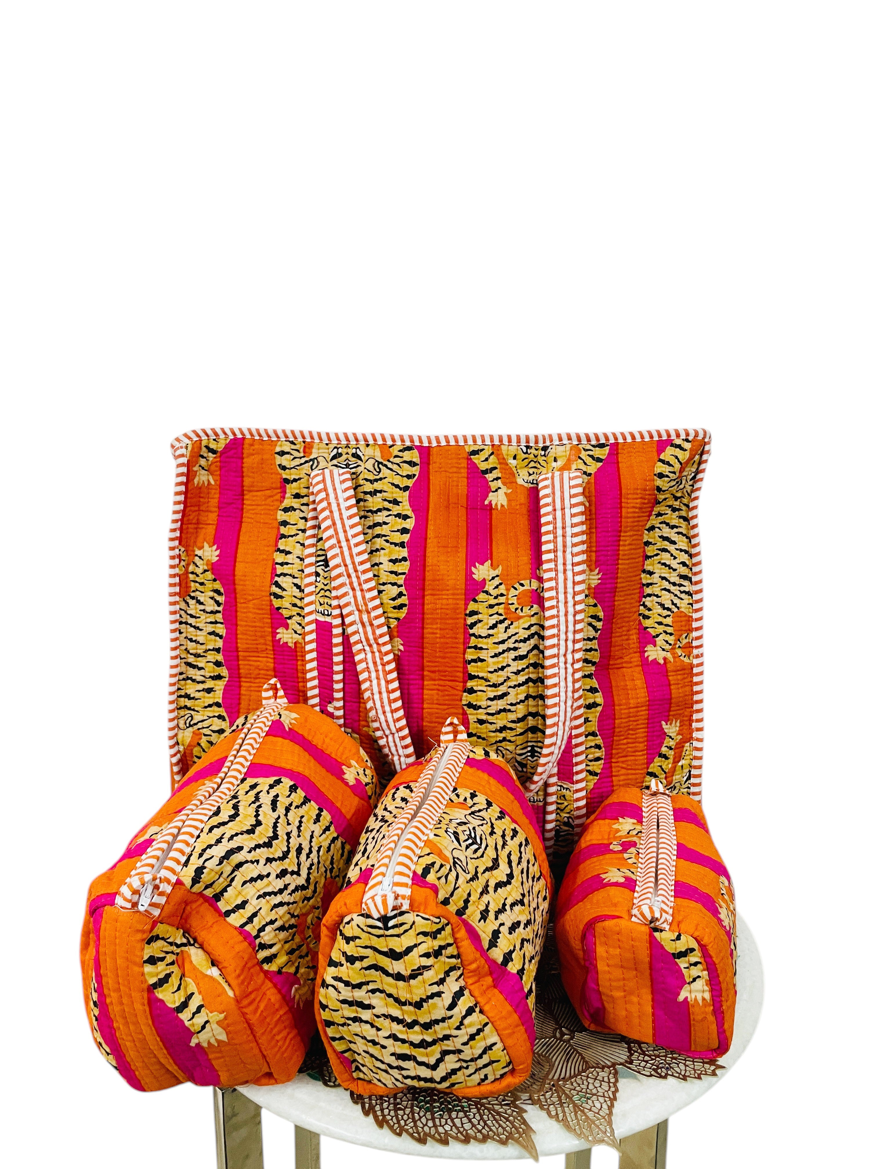 Premium Quilted Tote Bag with Matching Pouches Combo Set – Durable, Lightweight, Multipurpose Bag for Travel, Office & Daily Essentials (Orange Tiger)
