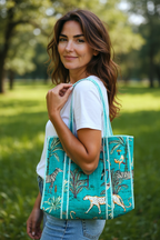 Quilted Cotton Tote Bag – Handmade Travel Shoulder Bag with Zipper & Pockets – Lightweight, Durable & Stylish for Daily Use (Turquoise Jungle)
