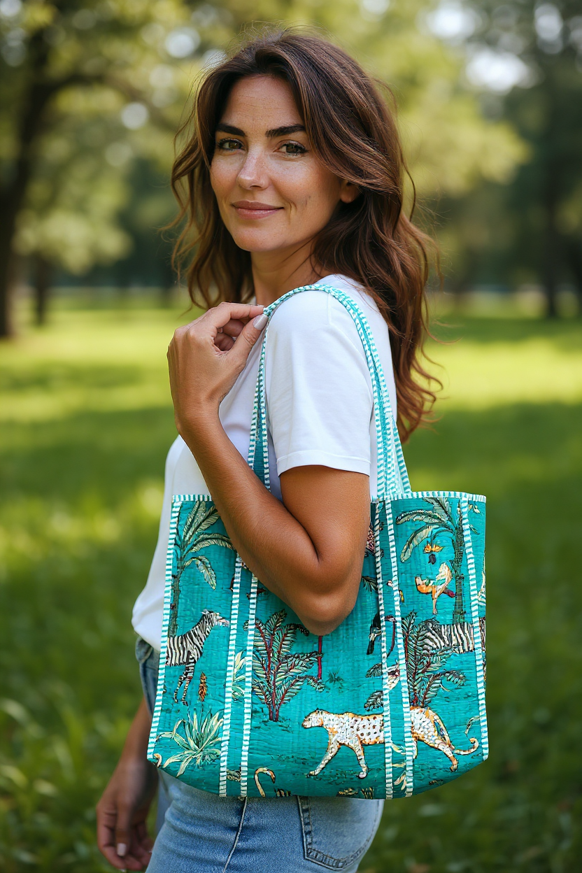 Quilted Cotton Tote Bag – Handmade Travel Shoulder Bag with Zipper & Pockets – Lightweight, Durable & Stylish for Daily Use (Turquoise Jungle)