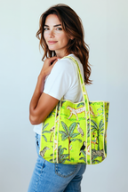 Quilted Cotton Tote Bag – Handmade Travel Shoulder Bag with Zipper & Pockets – Lightweight, Durable & Stylish for Daily Use (Parrot Green Jungle)