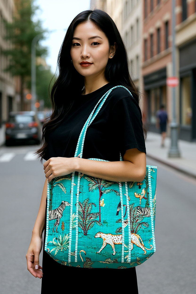 Quilted Cotton Tote Bag – Handmade Travel Shoulder Bag with Zipper & Pockets – Lightweight, Durable & Stylish for Daily Use (Turquoise Jungle)