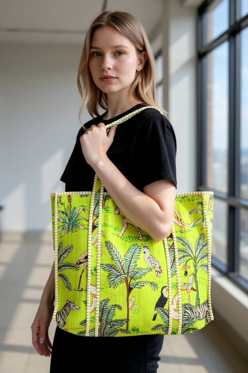 Quilted Cotton Tote Bag – Handmade Travel Shoulder Bag with Zipper & Pockets – Lightweight, Durable & Stylish for Daily Use (Parrot Green Jungle)