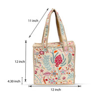 Beige Floral Quilted Cotton Tote Bag (12x12) thumbnail 4