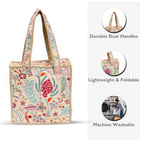 Beige Floral Quilted Cotton Tote Bag (12x12) thumbnail 3
