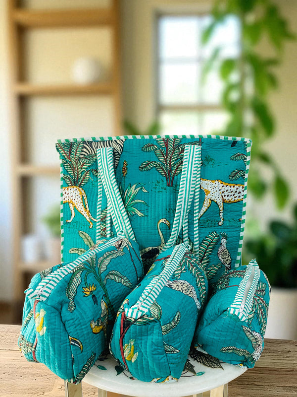 Premium Quilted Tote Bag with Matching Pouches Combo Set – Durable, Lightweight, Multipurpose Bag for Travel, Office & Daily Essentials (Turquoise Jungle)