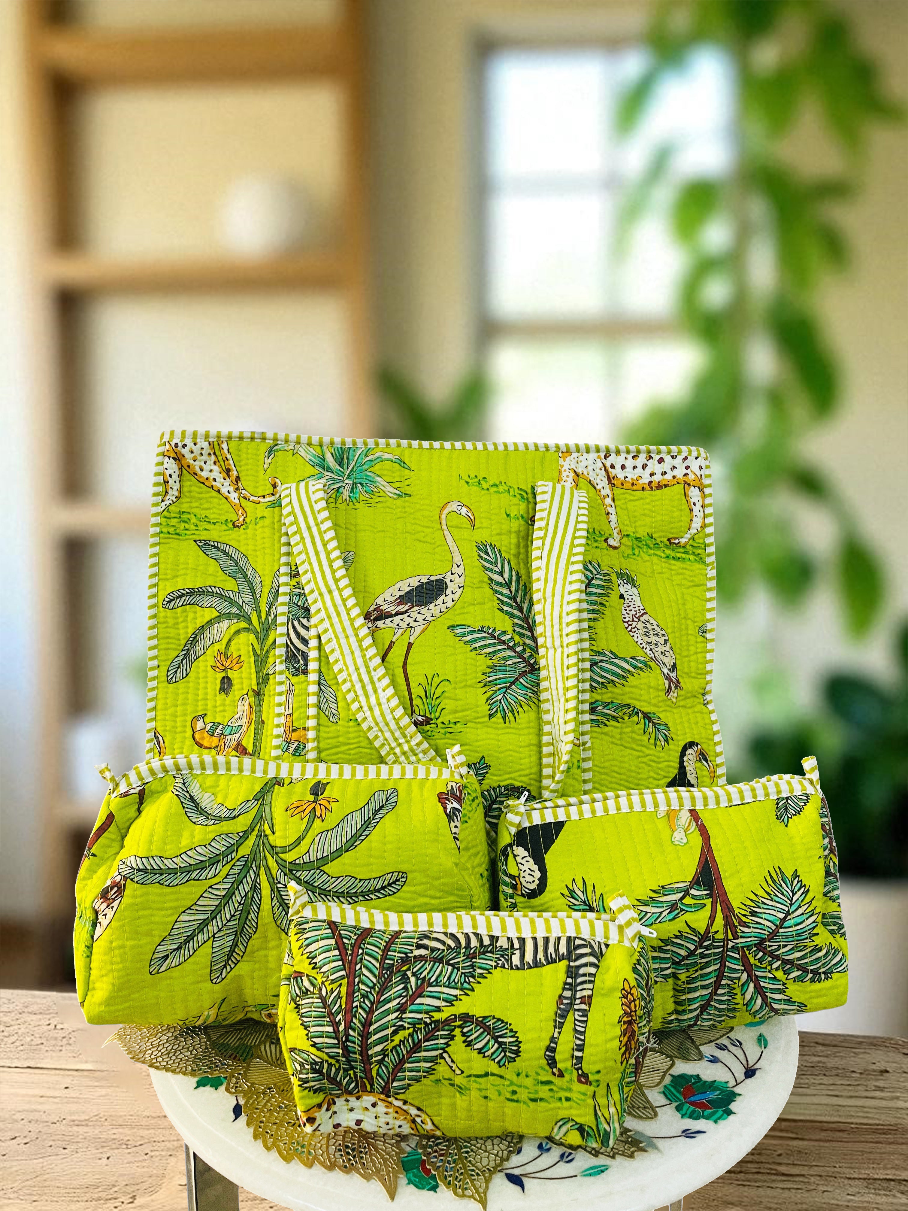 Premium Quilted Tote Bag with Matching Pouches Combo Set – Durable, Lightweight, Multipurpose Bag for Travel, Office & Daily Essentials (Parrot Green Jungle)