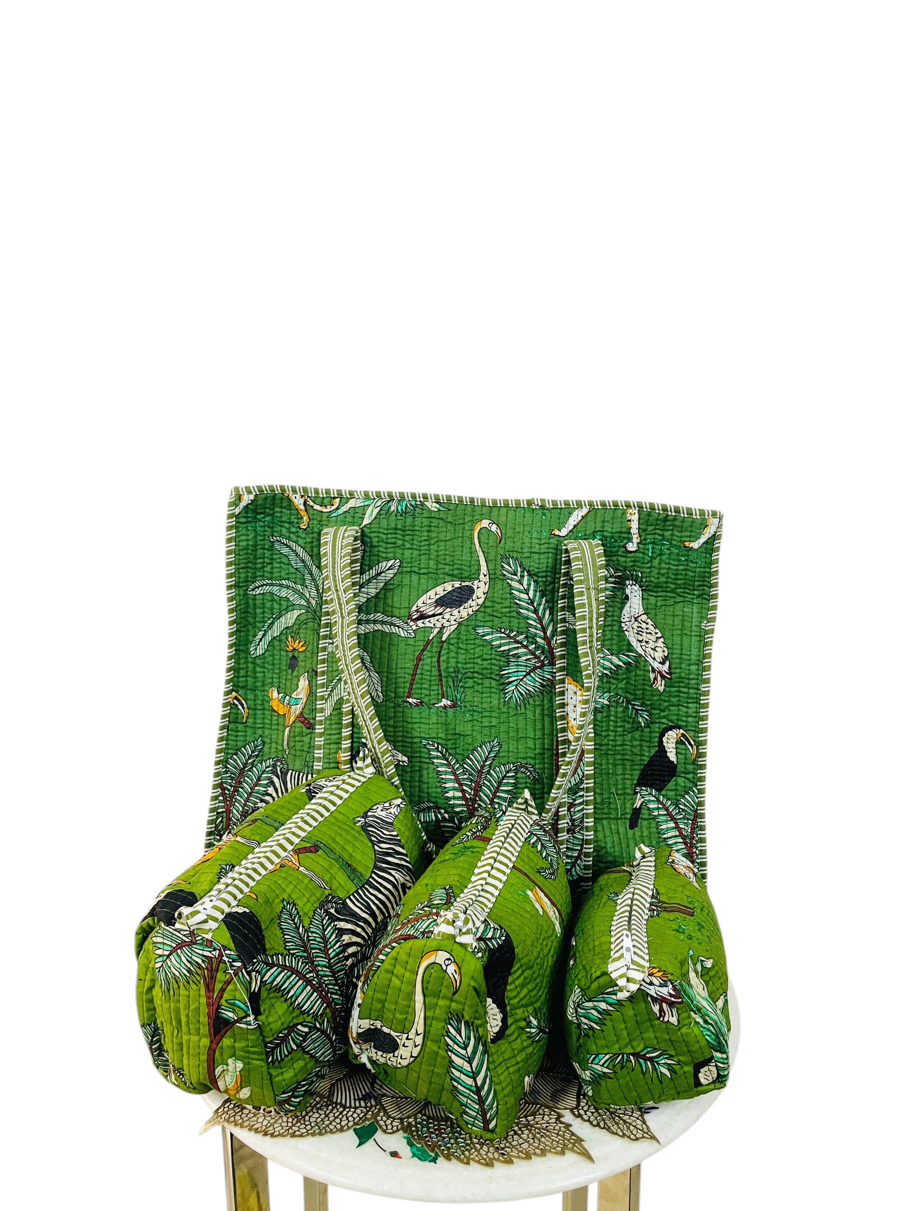 Premium Quilted Tote Bag with Matching Pouches Combo Set – Durable, Lightweight, Multipurpose Bag for Travel, Office & Daily Essentials (Green Jungle)