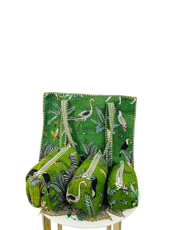 Premium Quilted Tote Bag with Matching Pouches Combo Set – Durable, Lightweight, Multipurpose Bag for Travel, Office & Daily Essentials (Green Jungle)
