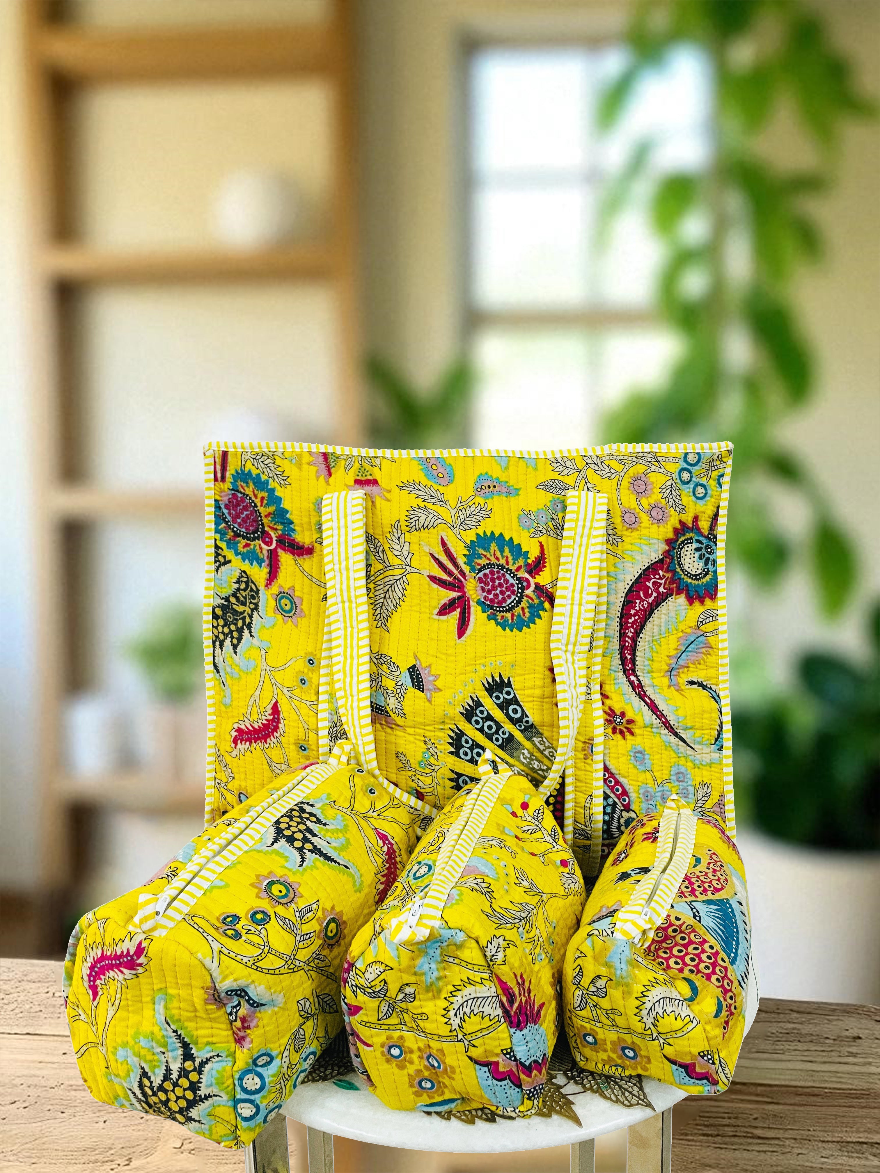 Premium Quilted Tote Bag with Matching Pouches Combo Set – Durable, Lightweight, Multipurpose Bag for Travel, Office & Daily Essentials (Yellow Floral)