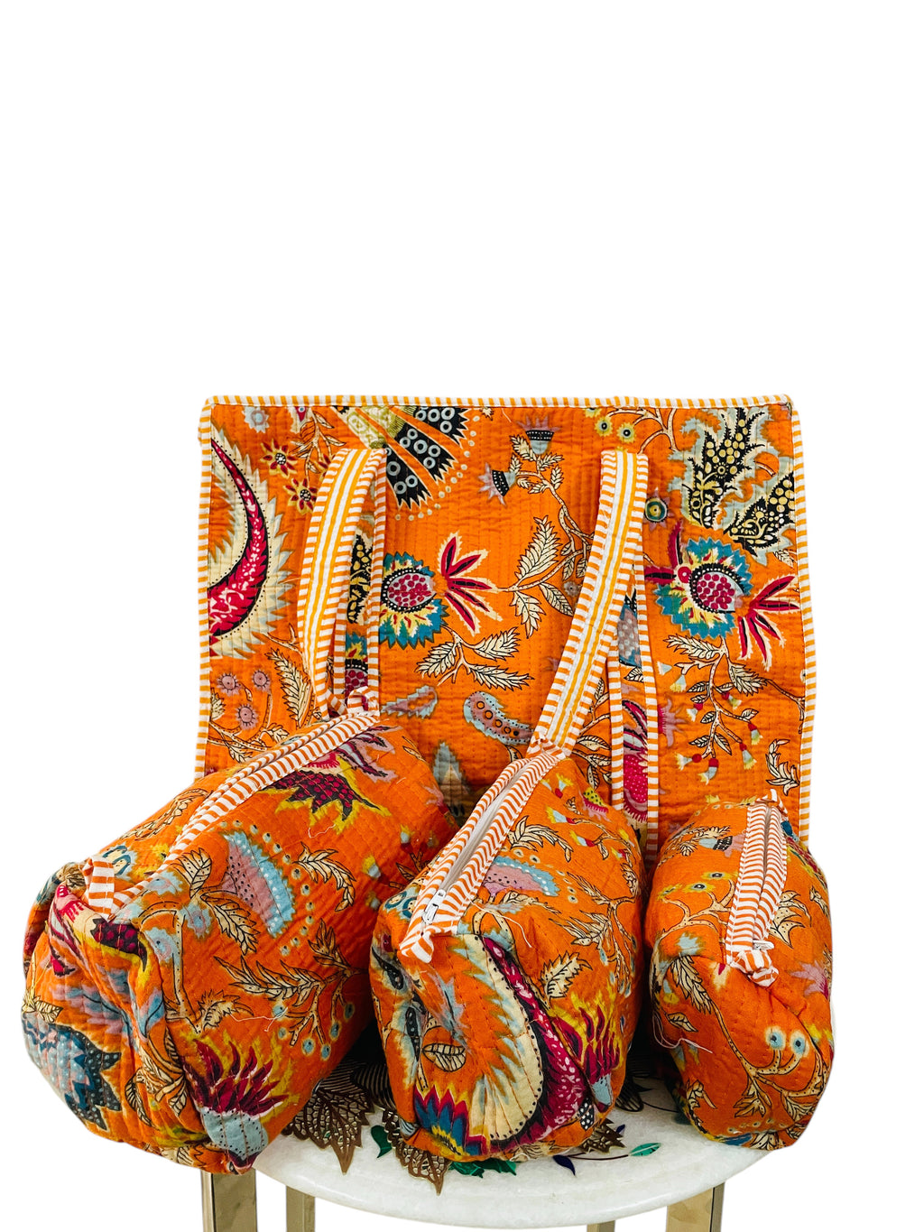 Premium Quilted Tote Bag with Matching Pouches Combo Set – Durable, Lightweight, Multipurpose Bag for Travel, Office & Daily Essentials (Orange Floral)
