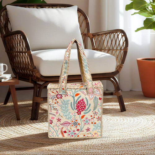Beige Floral Quilted Cotton Tote Bag (12x12)