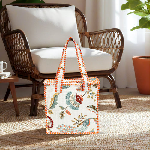 Beige Peacock Quilted Cotton Tote Bag (12x12)