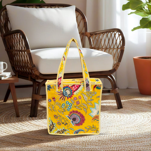 Yellow Floral Quilted Cotton Tote Bag (12x12)