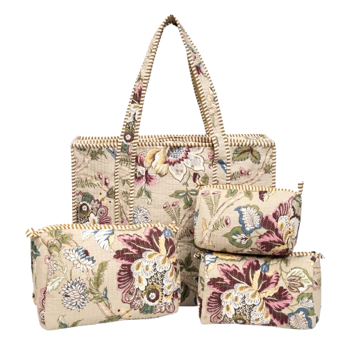 Beige Botanica Quilted Cotton Tote Bag (18x18) with Pouch Set Combo