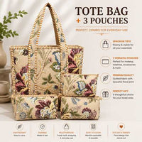 Beige Botanica Quilted Cotton Tote Bag (18x18) with Pouch Set Combo thumbnail 1