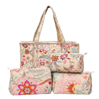Beige Floral Quilted Cotton Tote Bag (18x18) with Pouch Set Combo thumbnail 2