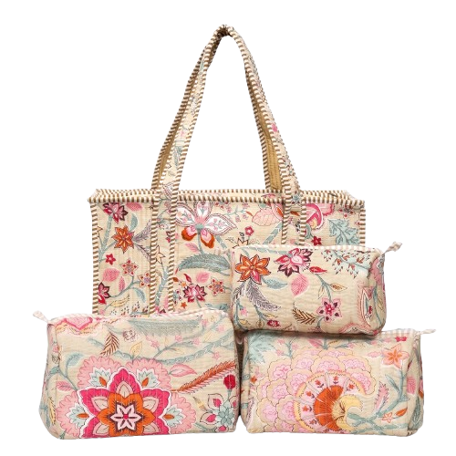 Beige Floral Quilted Cotton Tote Bag (18x18) with Pouch Set Combo