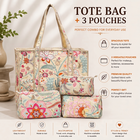 Beige Floral Quilted Cotton Tote Bag (18x18) with Pouch Set Combo