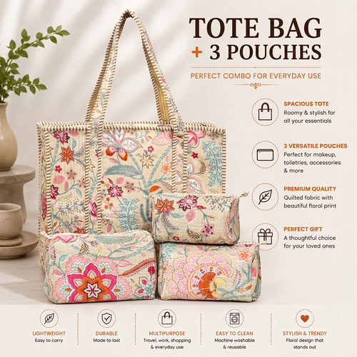 Beige Floral Quilted Cotton Tote Bag (18x18) with Pouch Set Combo