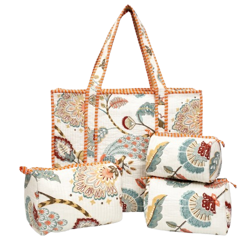 Beige Peacock Quilted Cotton Tote Bag (18x18) with Pouch Set Combo