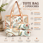 Beige Peacock Quilted Cotton Tote Bag (18x18) with Pouch Set Combo