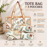 Beige Peacock Quilted Cotton Tote Bag (18x18) with Pouch Set Combo thumbnail 1