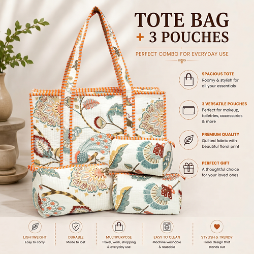 Beige Peacock Quilted Cotton Tote Bag (18x18) with Pouch Set Combo