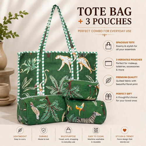 Green Jungle Quilted Cotton Tote Bag (18x18) with Pouch Set Combo