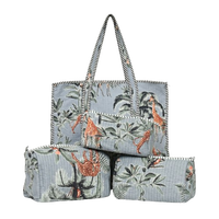 Grey Floral Quilted Cotton Tote Bag (18x18) with Pouch Set Combo thumbnail 2