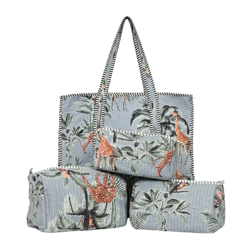 Grey Floral Quilted Cotton Tote Bag (18x18) with Pouch Set Combo