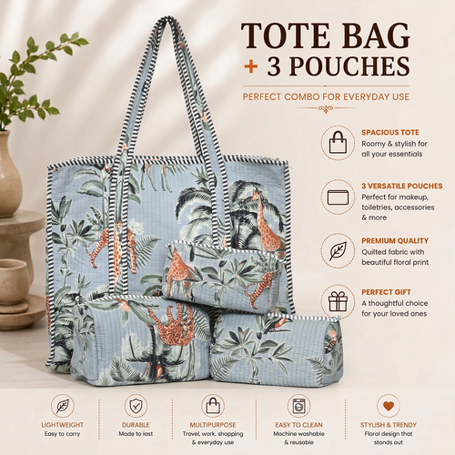 Grey Floral Quilted Cotton Tote Bag (18x18) with Pouch Set Combo