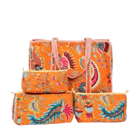Orange Floral Quilted Cotton Tote Bag (18x18) with Pouch Set Combo thumbnail 2