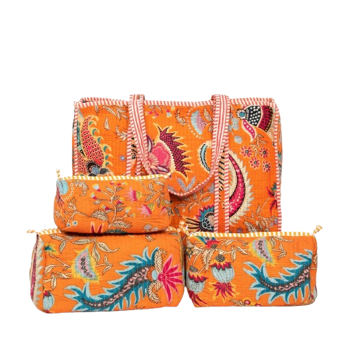 Orange Floral Quilted Cotton Tote Bag (18x18) with Pouch Set Combo