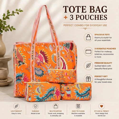 Orange Floral Quilted Cotton Tote Bag (18x18) with Pouch Set Combo