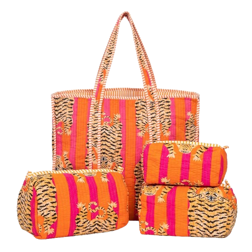Orange Tiger Quilted Cotton Tote Bag (18x18) with Pouch Set Combo