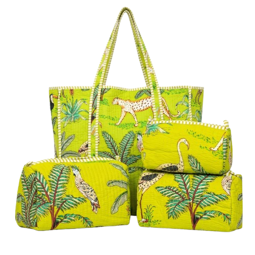 Parrot Green Jungle Quilted Cotton Tote Bag (18x18) with Pouch Set Combo