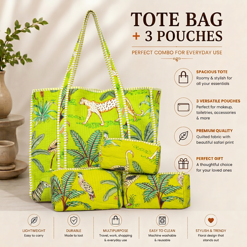 Parrot Green Jungle Quilted Cotton Tote Bag (18x18) with Pouch Set Combo