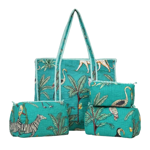 Turquoise Jungle Quilted Cotton Tote Bag (18x18) with Pouch Set Combo