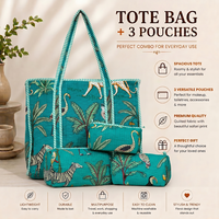 Turquoise Jungle Quilted Cotton Tote Bag (18x18) with Pouch Set Combo thumbnail 1